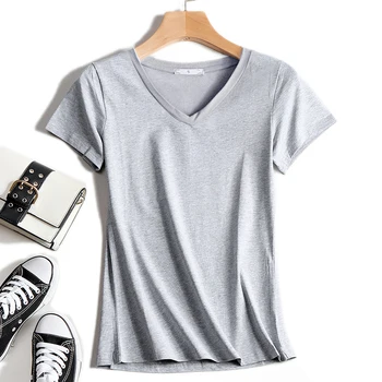 AOSSVIAO V-Neck T Shirt Ženy Letné Topy 2021 Krátke Rukáv Tričko Žena kórejský Módne Bavlnené Tričko Biele Plus Veľkosť