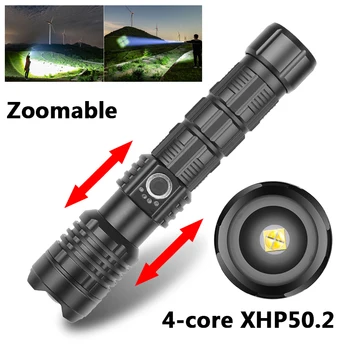 4 Jadro XHP50.2 Led Silný Zoomovateľnom Taktická Baterka Baterka na Kempovanie Turistika Svetlo USB Nabíjateľné Hliníkovej Zliatiny Svietidla