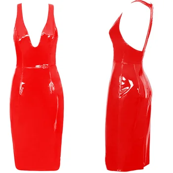 Červená Čierna Faux Kožené Bodycon Šaty Plus Veľkosť Žena Jeseň Zima Sexy Hlboké V lýtkovej Šaty 6XL Žena Vestidos Clubwear