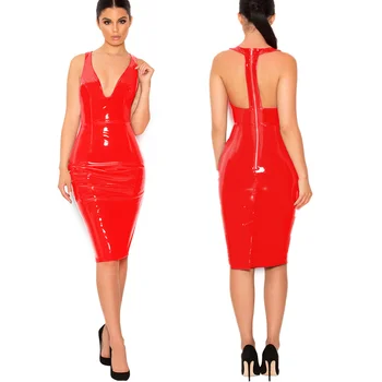 Červená Čierna Faux Kožené Bodycon Šaty Plus Veľkosť Žena Jeseň Zima Sexy Hlboké V lýtkovej Šaty 6XL Žena Vestidos Clubwear