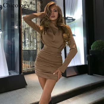 Chicology pevné dlhej strane split rukáv bodycon sexy mini šaty elegantná dáma 2019 jeseň zima ženy strany klubu ležérne oblečenie