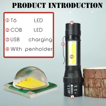 USB Nabíjateľné Vstavané 18650 LED Baterka 8000 Lúmenov 4 Režimy LED COB+T6 Taktické LED Baterky Zoomovateľnom Led Baterky Lampy