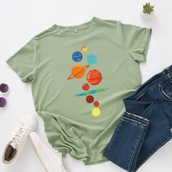 2020 Ženy, Tričká Plus Veľkosť Krátke Bavlnené Tričko Žena Harajuku Planéty Grafické Tričko Lady Voľné Základné Topy Nadrozmerné