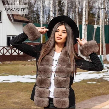 Nové trendy ženy, skutočné kožušinový kabát vlnené pletenie s fox golier teplý zimný kabát reálne fox kožušinový kabát zimný vrchné oblečenie