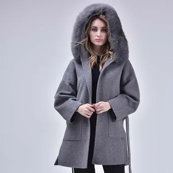 JANEFUR Cashmere Srsť Stredne Dlhá Ženy Pás Jeseň Zimné móda veľkosť Pevných Kabát