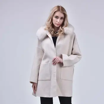 JANEFUR Cashmere Srsť Stredne Dlhá Ženy Pás Jeseň Zimné móda veľkosť Pevných Kabát