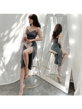 2020 Nové Elegantné Slim Sivé Pruhované Štrbinou Sexy Šaty Špagety Popruh Polovici Teľa Tvaru Zbierať Pás Dlhé Šaty Mierne Pružnosť