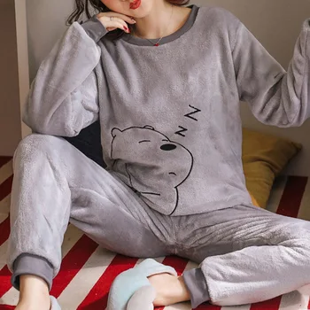 Jeseň Zima Ženy Pyžamá Sady pyžamo Sleepwear Vyhovovali Hrubé Teplé Coral Flanelové nightgown Žena Cartoon Zvierat Pijama Mujer