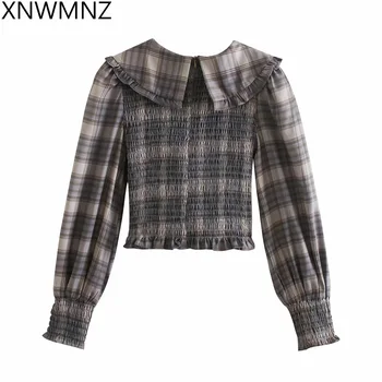 XNWMNZ ZA dámsku Blúzku 2021 skontrolovať peter pan golier Top ročník dlhý rukáv s elastické manžety tričko ženy módy blúzky