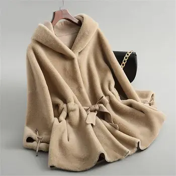 2020 Ženy Zimné Reálne Kožušinový Kabát Strihanie Oviec Lady Bežné Teplé Prírodné Ovce Pravý Baránok Vlna Kožušinovou Kapucňou Kabát V269