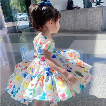 Dievčatá šaty 2020 lete nové Bavlna Roztomilé Kvety Krátke Lístkového Rukáv, golier Posádky Krku podkolienok Princezná Šaty
