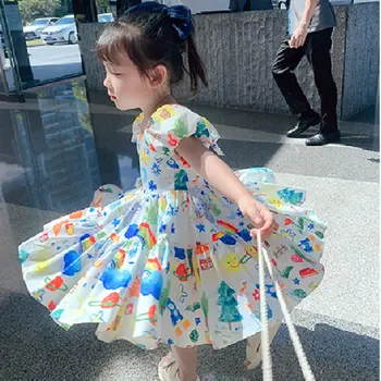 Dievčatá šaty 2020 lete nové Bavlna Roztomilé Kvety Krátke Lístkového Rukáv, golier Posádky Krku podkolienok Princezná Šaty