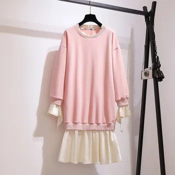 Nové Dámske Jesenné Zimné Plus Veľkosť Šaty Pre Ženy Veľký Zvon Rukáv Voľné Black Pink Bavlna Skladaný Šaty 3XL 4XL 5XL 6XL 7XL