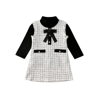 Dieťa 2 ks Dieťa Dievča Oblečenie Sady Dlhý Rukáv Vysoký Golier ButtonTop T-shirt+Roztomilý Kockované Šaty Princezná Formálne Bavlnené Oblečenie 18 M-6Y