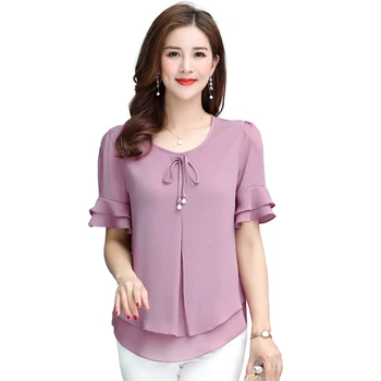 Sladké Tričko Krátky Rukáv T-Shirts Ženy Plus Veľkosť Top Ružovej Šifón Dámy Office Košele 4XL Boho Letné Oblečenie Double Layer