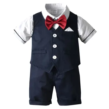 Letné Baby Boy Šaty Formálne Šaty Gentleman Motýlik Tričko, Vesta Šortky Sady Strana Svadobný Kostým Deti Oblečenie Oblek