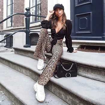 Ženské Chudá Svetlice Leopard Tlač Bell Spodný Úsek Vysoký Pás nohavice Nohavice Ideálne Streetwear módy Nohavice Jeseň hot