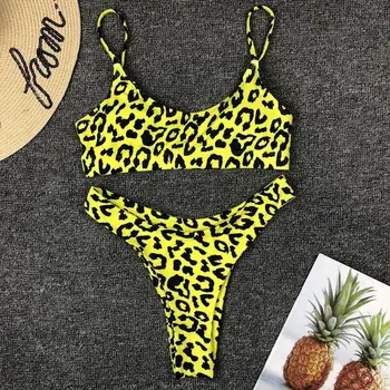 Ženy Sexy Dve Kus Bikini Set Boho Leopard Snakeskin Tlač Plavky Strappy Push Up Čalúnená High Cut Plavky Plážové Oblečenie