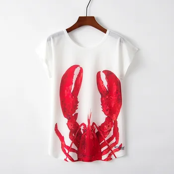 Kórejský Štýl Móde Tee Tričko Femme Kawaii Streetwear Bts Tričko Roztomilý Štýl Lobster Tlačiť T-shirt Nový Krátky Rukáv Topy