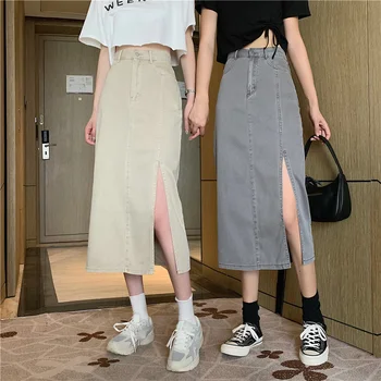 2021 Nový kórejský v Štýle High-Štíhly Pás Mid-Dĺžka Sukne Split Denim Taška Hip-A - line Sukne pre Ženy