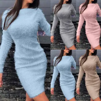 2020 Najnovšie Jeseň Ženy Šaty Plus Veľkosti 3XL Farbou Dlhý Rukáv Sveter Načechraný Kee-dĺžka Bodycon Šaty Teplé Oblečenie