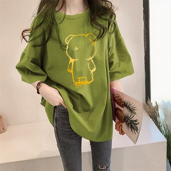 Zelená voľné klesnutie tričko dlhý krátkym rukávom dámske tričko s roztomilý zlato razenie medveď vzor