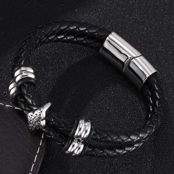 Jednoduché, Dvojité Vrstva Čierna Pletená Kožený Náramok Mužov Módne Šperky z Nerezovej Ocele, Magnetická Spona Muž Náramok Náramok SP0331