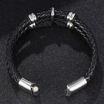 Jednoduché, Dvojité Vrstva Čierna Pletená Kožený Náramok Mužov Módne Šperky z Nerezovej Ocele, Magnetická Spona Muž Náramok Náramok SP0331