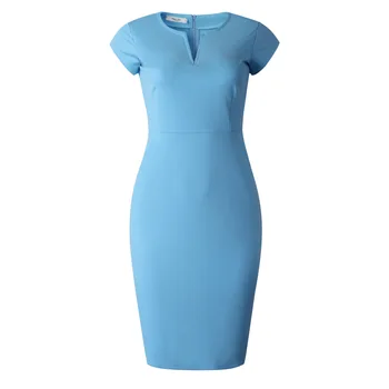 Modrá Bodycon Šaty Office Dámske Elegantné Krátke Koleno Dĺžke Štíhly Elegantný Skromné Práce Nosiť Elastickú Plus Veľkosť Africkej Ženy
