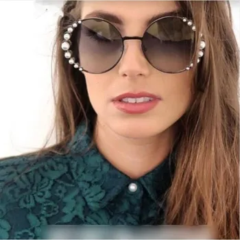 Nadrozmerné Nové 2018 Luxusný Pearl Okrúhle slnečné Okuliare Ženy Sexy Odtiene Vintage 2018 Značky Okuliare Módny Návrhár Oculos UV400