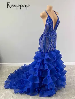 Dlhé Šaty Ples 2021 Sexy Morská Panna Africké Čierne Dievčatá Kráľovská Modrá Sequin Dlho Prom Party Šaty