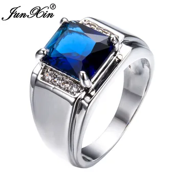 JUNXIN Vintage Blue Štvorcový Zirkón Krúžok Žien, Mužov, Strieborná Farba Snubné Prstene Módne Geometrické Šperky Najlepší Darček