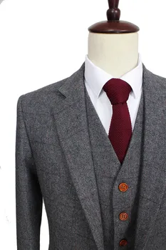 Vlna Retro Sivá pričom Uhlopriečny Tweed Britský štýl zákazku Pánske oblek na mieru slim fit Sako svadobné obleky pre mužov 3 ks