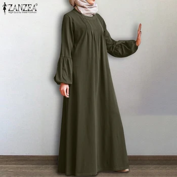 Plus Veľkosť Žien v Moslimských Sundress ZANZEA 2021 Módne Skladaný Maxi Šaty Bežné Dlhý Rukáv Vestidos Žena Lístkového Rukáv Župan 5XL