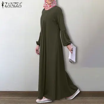Plus Veľkosť Žien v Moslimských Sundress ZANZEA 2021 Módne Skladaný Maxi Šaty Bežné Dlhý Rukáv Vestidos Žena Lístkového Rukáv Župan 5XL