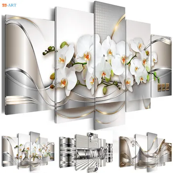 Biele Kvety Orchidey Vytlačí Plagát Nástenné Maľby 5 Panel Pastel Flóry Moderné Nástenné Art Canvas pre Obývacia Izba Domova