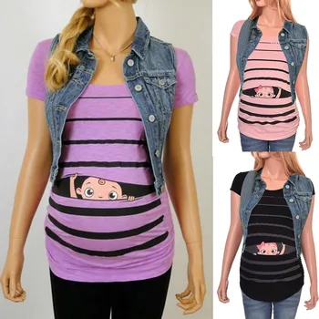Oblečenie pre tehotné ženy Móda Materskej Roztomilý Funny Baby Tlač Pruhované tričko Krátky Rukáv Tehotné oblečenie Dropshipping