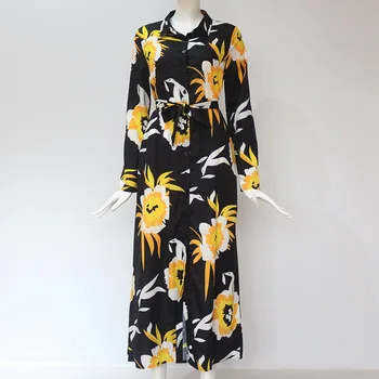 Dlhý Rukáv Kvetinový Tlač Tričko Šaty Ženy Zase Dole Golier Šifón Plážové Šaty 2020 Jeseň Plus Veľkosť Elegantné Pracovné Oblečenie Šaty