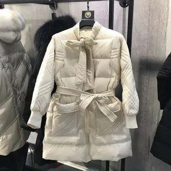 2020 Nový Luk Pás Nadýchané Sukne Kabát Bunda zimná kačica vlastných kabát Ženy Zimné sladká biela čierna dole kabát