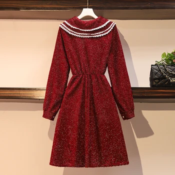 Plus veľkosť mori dievča 2020 Jar ženy lesklé, hodvábne šaty s čipkou peter pan golier červená elastický pás ženský župan vintage elegantné šaty