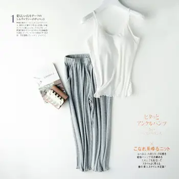 Japonský štýl bavlnené tenké pyžamo dámske letné krátke rukávy ostrihané nohavice oblek s hrudníka pad pohár bežné úsek voľné domov