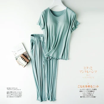 Japonský štýl bavlnené tenké pyžamo dámske letné krátke rukávy ostrihané nohavice oblek s hrudníka pad pohár bežné úsek voľné domov