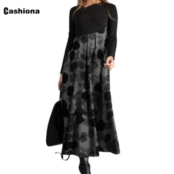 Ženy Elegantné Voľný čas Príležitostné Šaty Nové Patchwork Dot Tlače Party Šaty na Jar Jeseň Femme Vintage A-line Šaty Oblečenie 2021