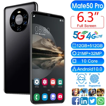 Univerzálny Mate50 Pro 6.3 Palcový Android Smartphone 10-Core MTK6799 12+512 gb diskom 5G NECH mobilné telefóny Tvár ID Odomknúť Dual SIM Mobilný Telefón
