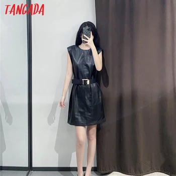 Tangada 2020 Jeseň fashion ženy pu kožené šaty bez rukávov office dámske mini šaty s lomka QN54