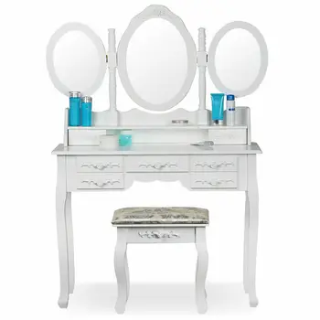 Ženy Elegantný Biely Toaletný Stolík 3 Oválne Zrkadlo 7 Zásuvkami Stolice Spálne