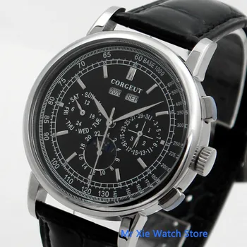 Corgeut 42mm Fázy Mesiaca Mechanické Hodinky Mužov Black Dial Rok, Deň, Mesiac, Týždeň náramkové hodinky Automatické hodinky