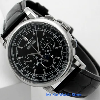 Corgeut 42mm Fázy Mesiaca Mechanické Hodinky Mužov Black Dial Rok, Deň, Mesiac, Týždeň náramkové hodinky Automatické hodinky