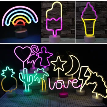 Novinka USB Rainbow Flamingo Jednorožec Kaktus Vzor LED Neónový nápis svetlo Tabuľka Dekoratívne lampy Xmas Party Domov Spálňa Decor