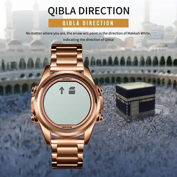 SKMEI Harameen Moslimských Sledovať Modlitba Qibla Kompas Náramkové Hodinky Hijri Kalendár Striebro Vysoko Elegantné Nepremokavé Najlepšie Moslimských Darček